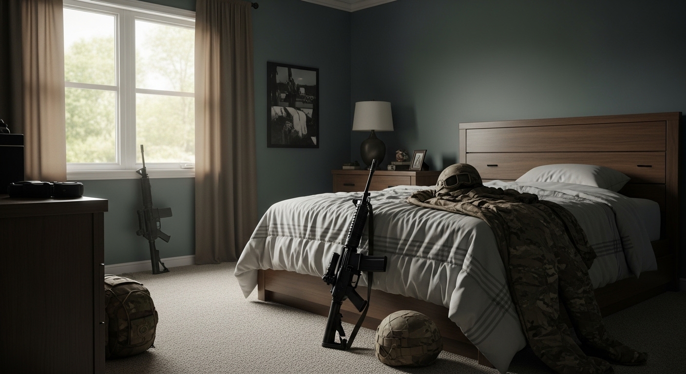 Aspirational bedroom with military gear